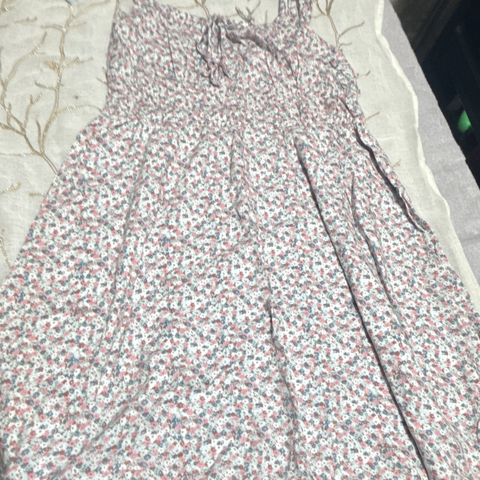H&M Pink/Blue/White Floral Smocked Strappy Square Neck Midi Sundress Size L