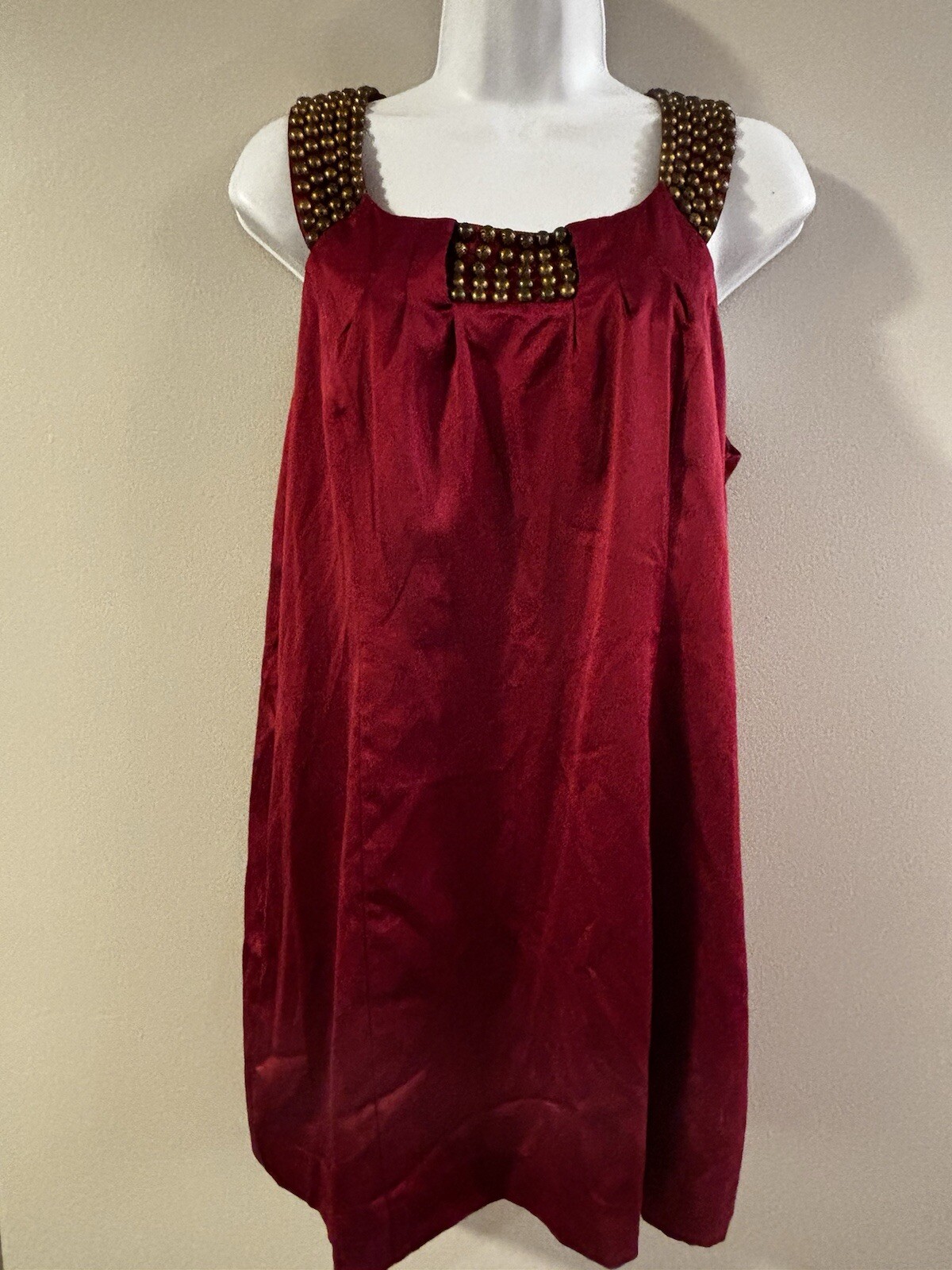 ECI Sleeveless Dress Sz 12 Red Satin Beaded Strap Square Neck Shift Evening