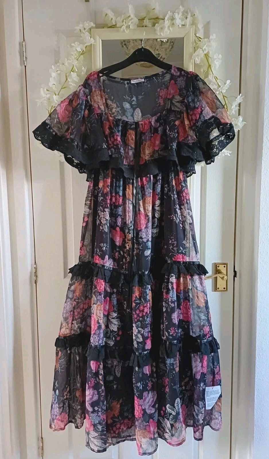 Pretty Pink mix Floral Lace Trim Floaty Maxi Dress 👗 8 10 S