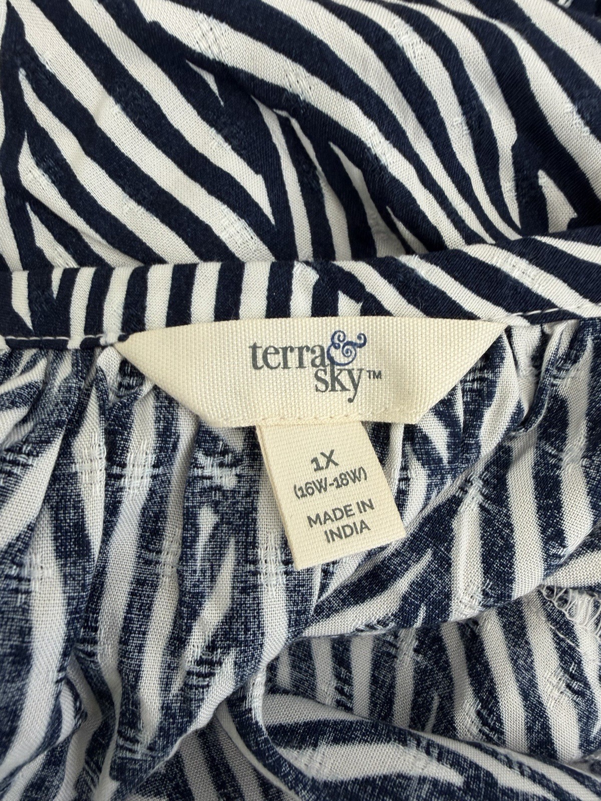 Terra & Sky Womens Dress 1X Navy Blue White Stripe Puff Sleeves Belted Midi