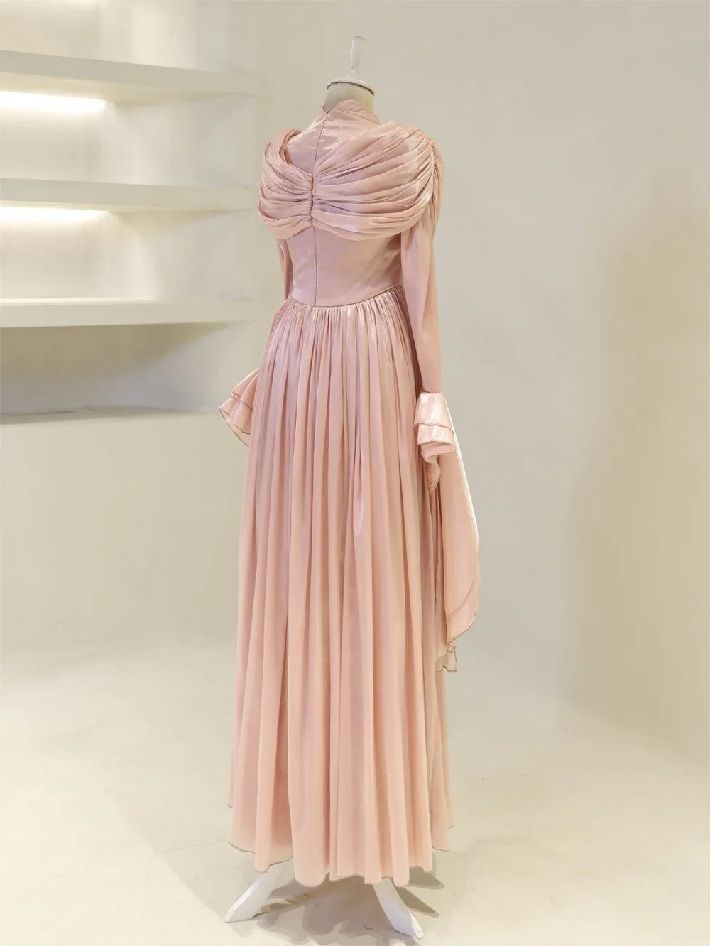 Chiffon Ruched Pleat Straight High Collar Long Dresses Bespoke Occasion Dresses