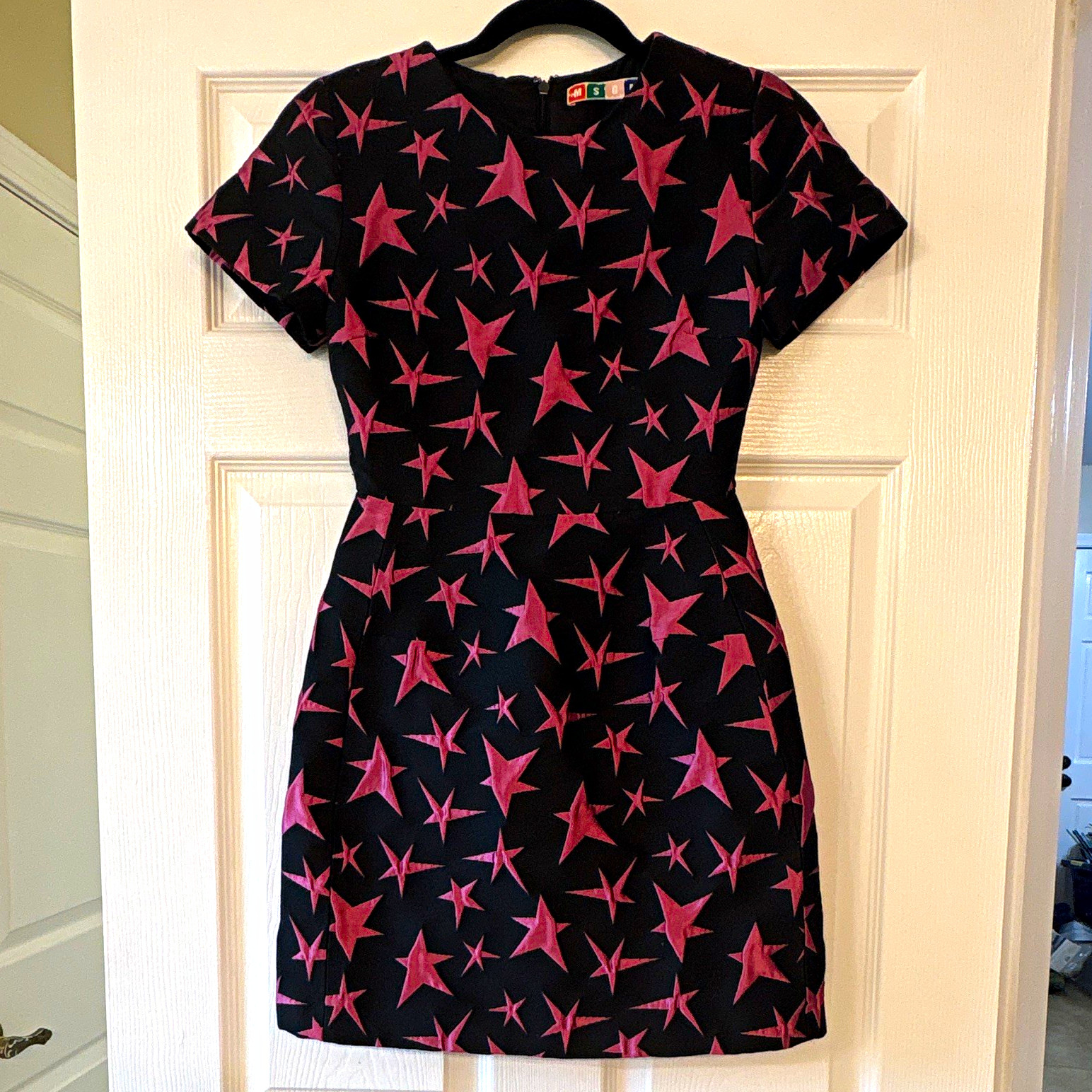 MSGM Womens Size 38 Black/Pink Star Print Sheath Dress Round Neck Zip Short