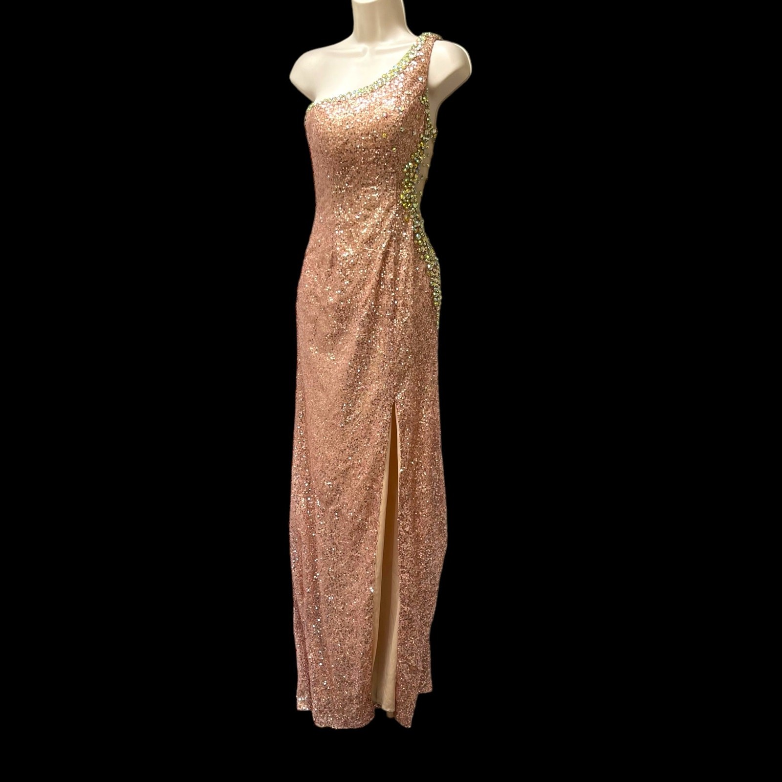 Dancing Queen Gold Sequin w Crystals One Shoulder Goddess Long Formal Dress XS