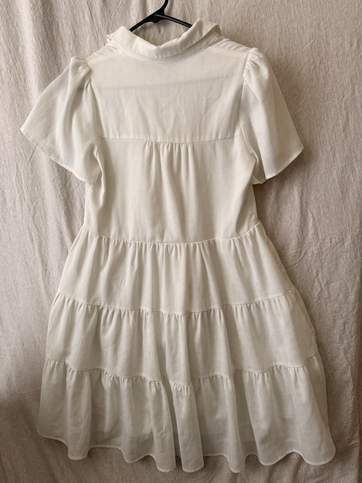 Joy Joy White Solid Collared Short Sleeve Button Front Tiered Shirt Dress XS