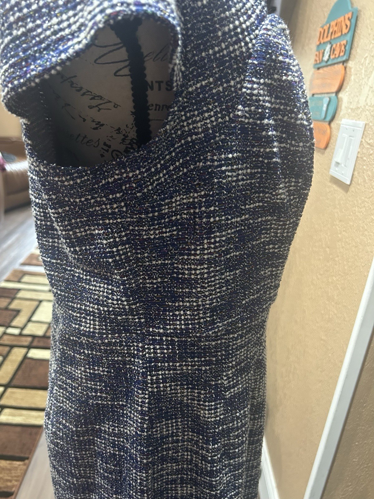 Grace Karin Blue White Tweed Square Neck Sheath Midi Dress Short Sleeve XL NWT