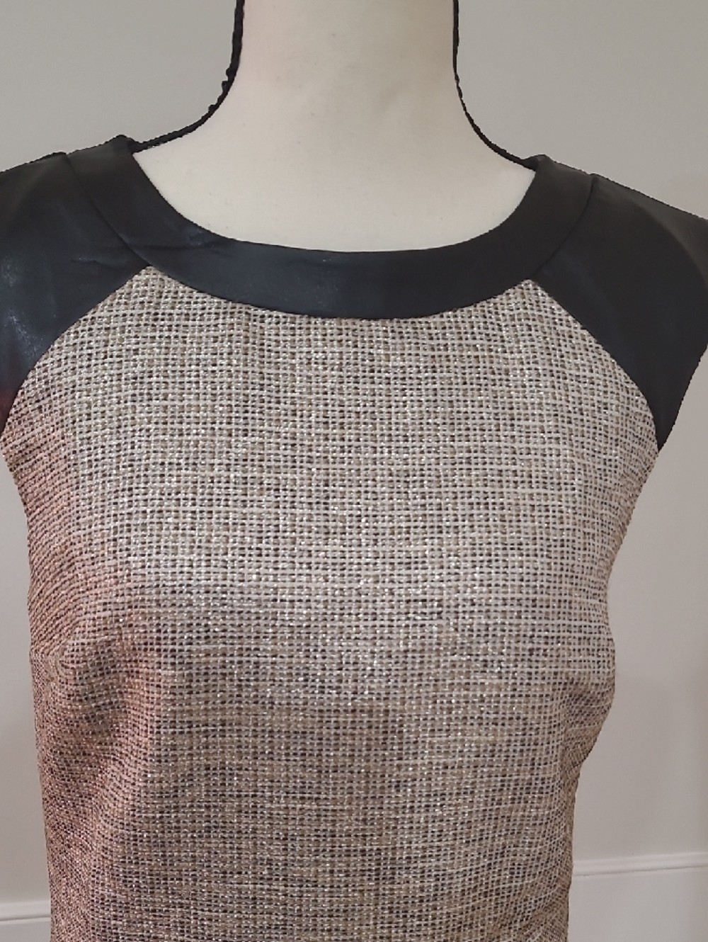 M & S Limited Edition Sleeveless Tweed Shift Dress with Black Faux-Leather Trim
