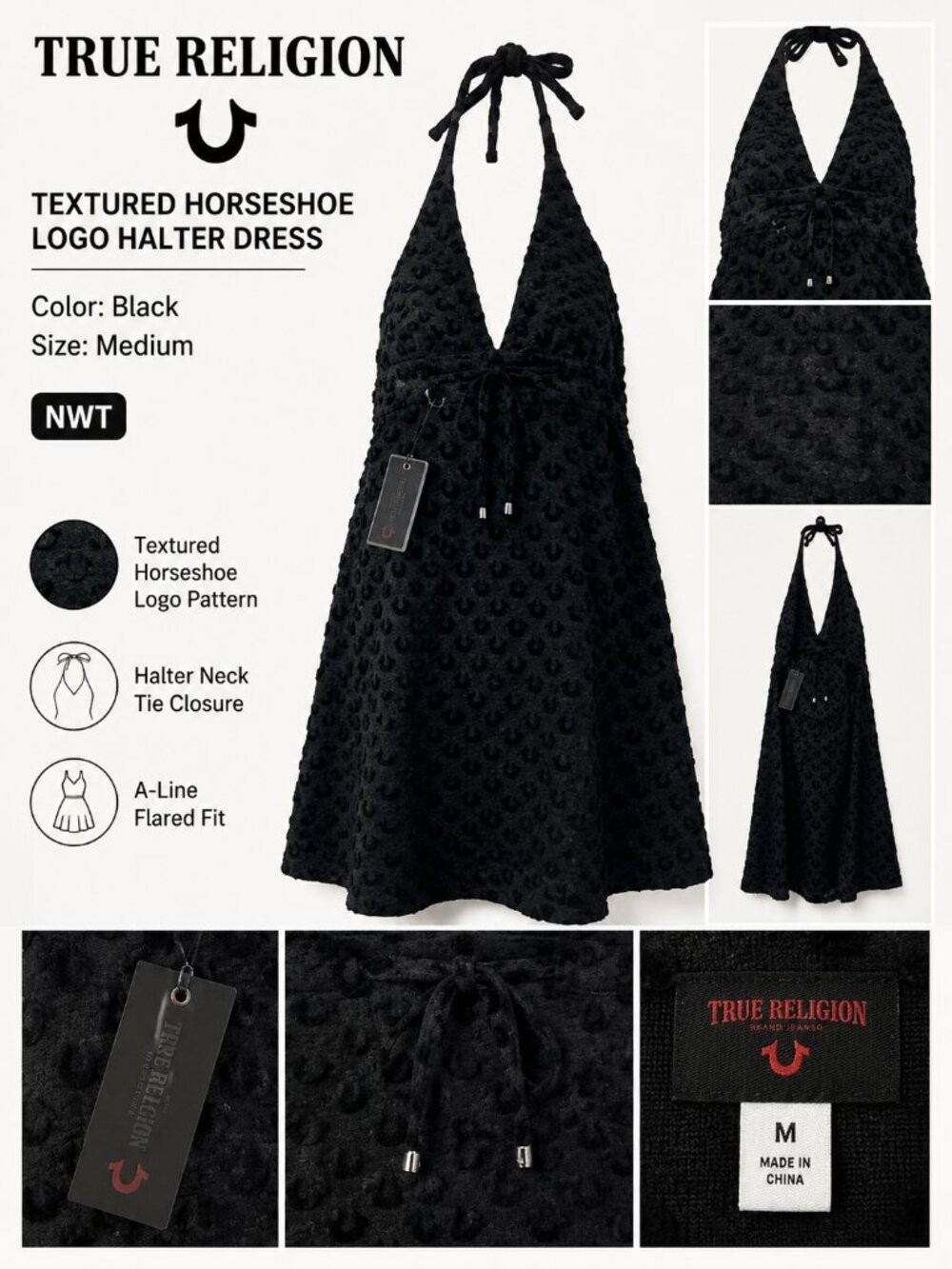NWT True Religion Textured Horseshoe Halter Dress Black Size M