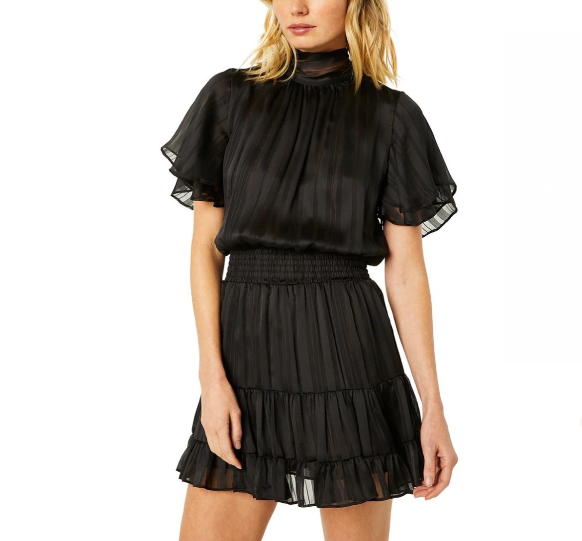 Misa Los Angeles size M Saffie dress black stripe chiffon tiered high neck LBD