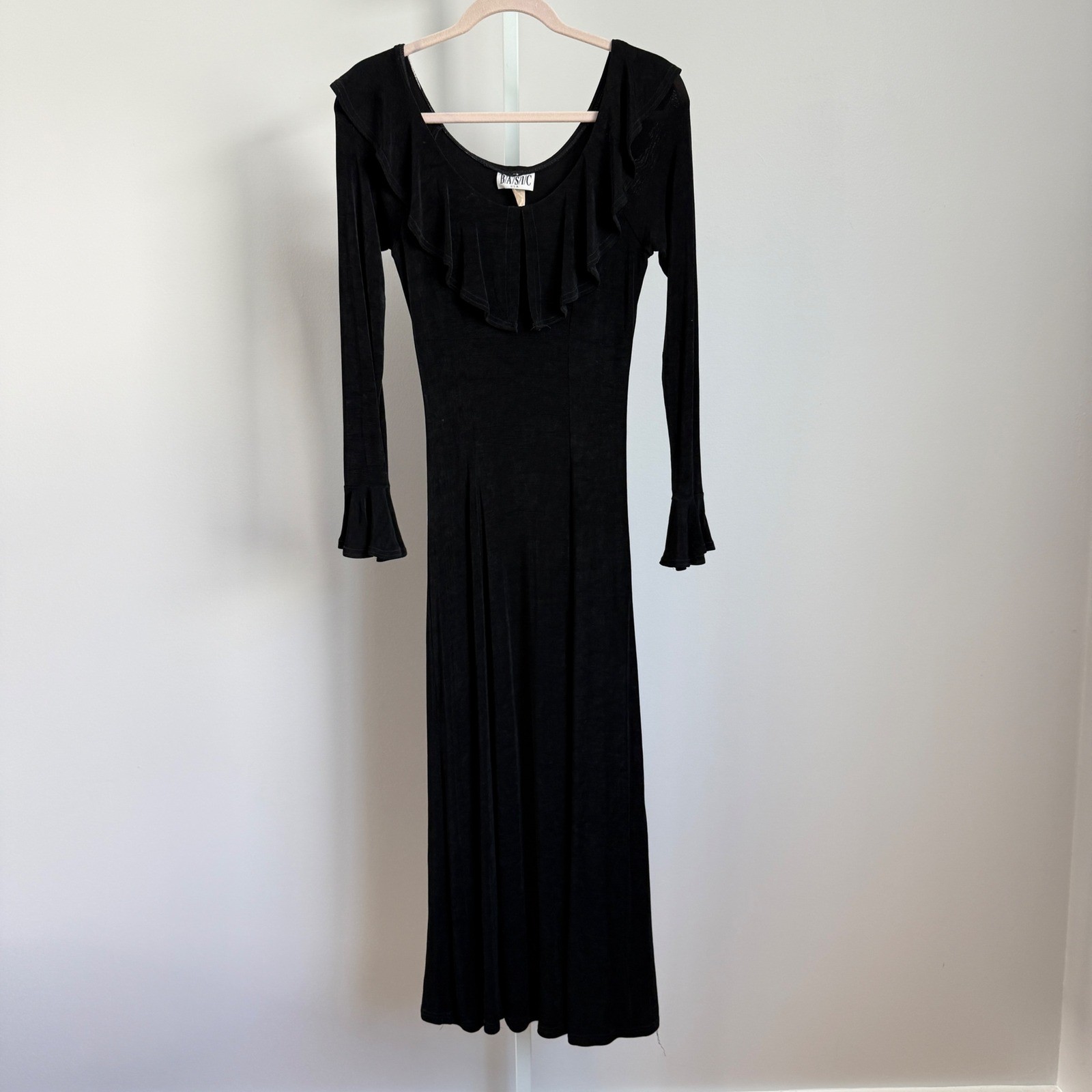 VTG BASIC USA sz M Black Long Sleeve Ruffle Neck Maxi Dress Witchy Whimsygoth