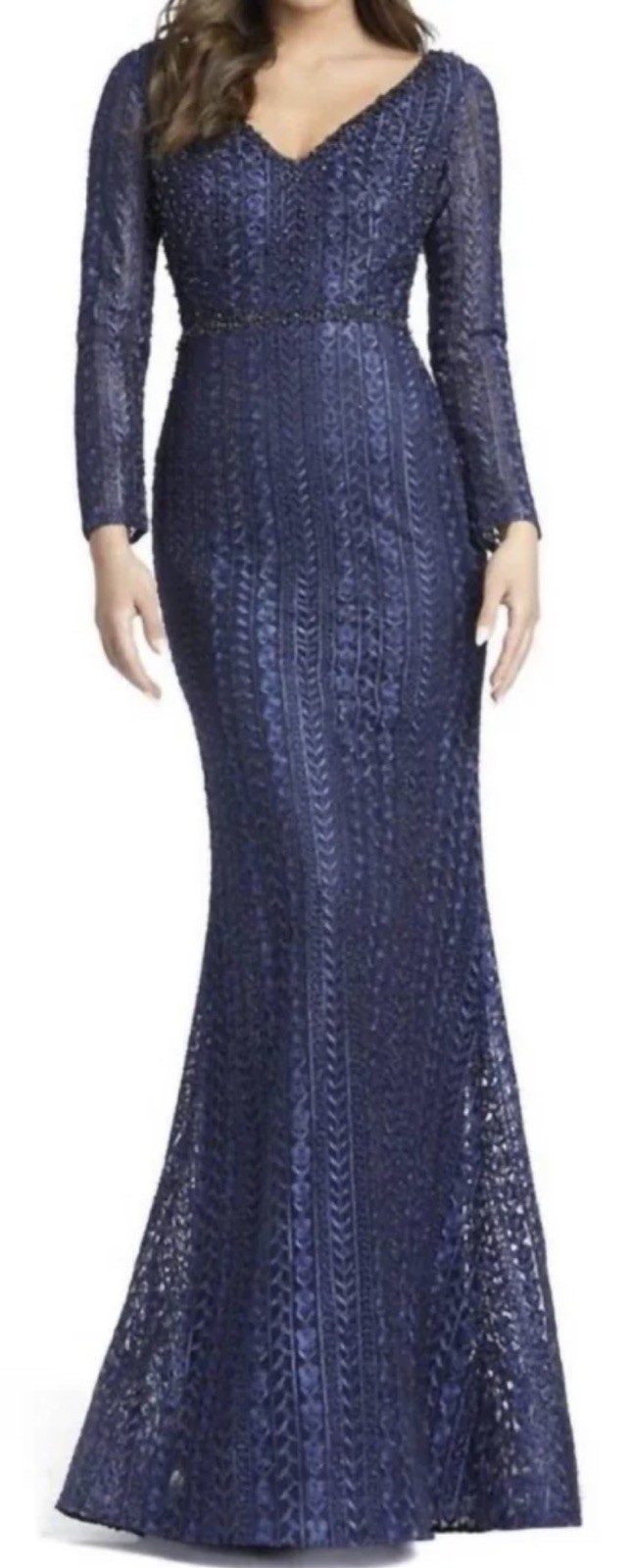 Mac Duggal Midnight Blue Embroidered Beaded Long Sleeve V-Neck Gown Size 24 $598