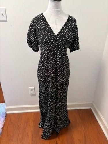 A New Day Women’s Heart Print Maxi Dress Black White V-Neck Puff Sleeve Size M
