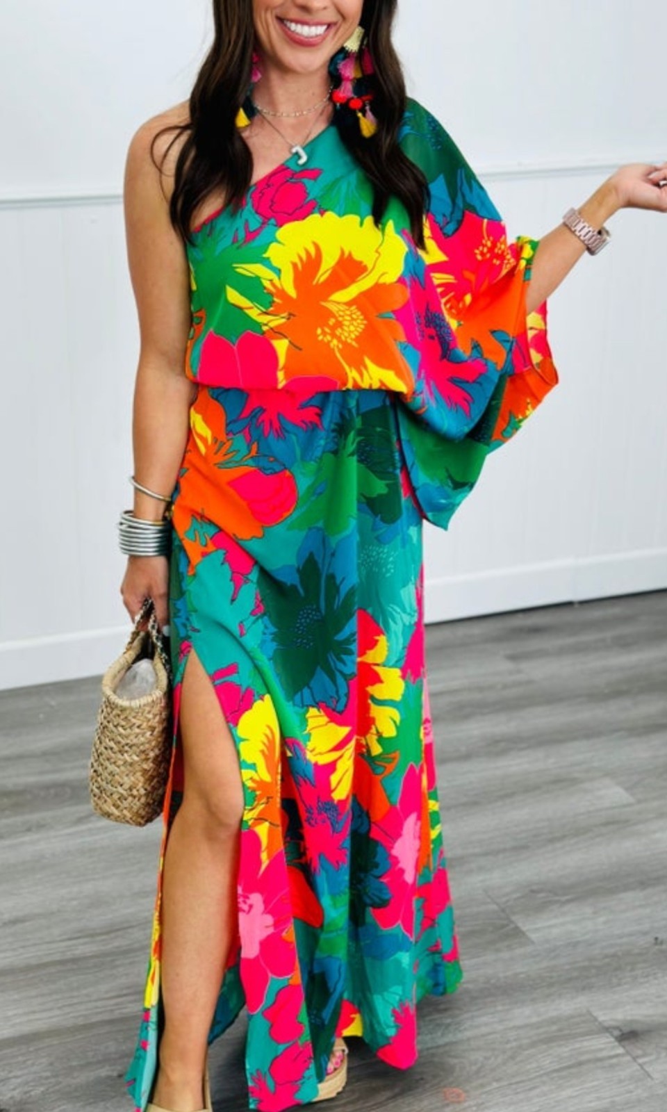 Jess Lea Multicolor Tropical Floral One-Shoulder Maxi Dress Side Slit Sz XL