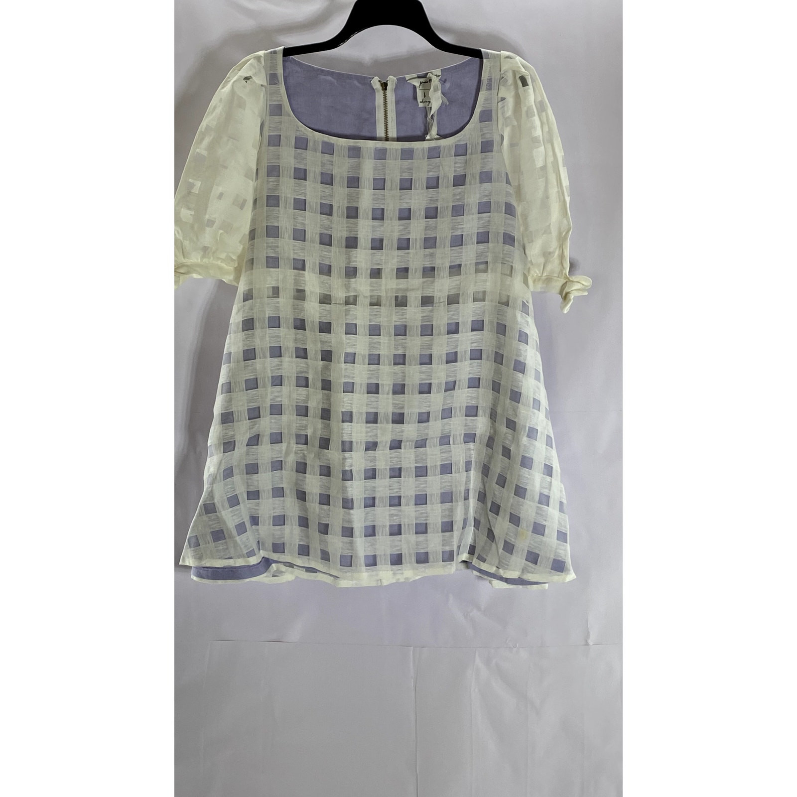 PARIS 99 Women’s Purple/White Lace Checkered Puff-Sleeve Mini Dress SZ 6