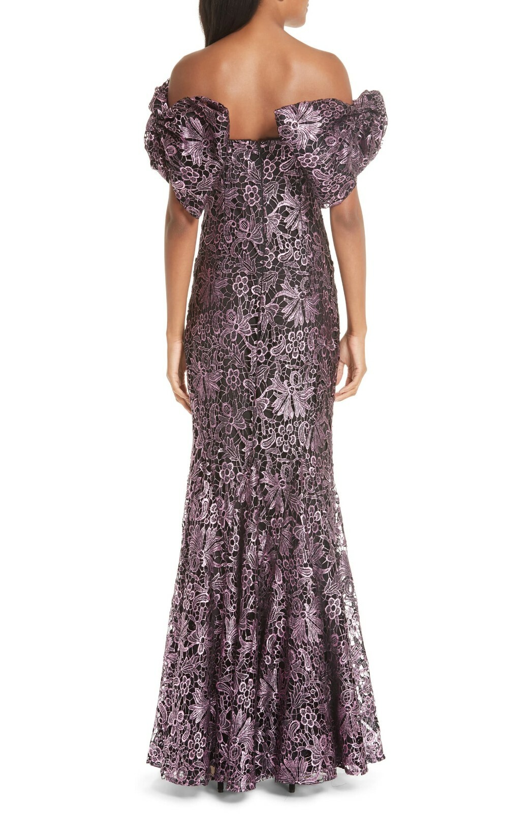 ZAC POSEN Pink Metallic Embroidered Guipure Lace Off Shoulder Bow Maxi Gown 6 S