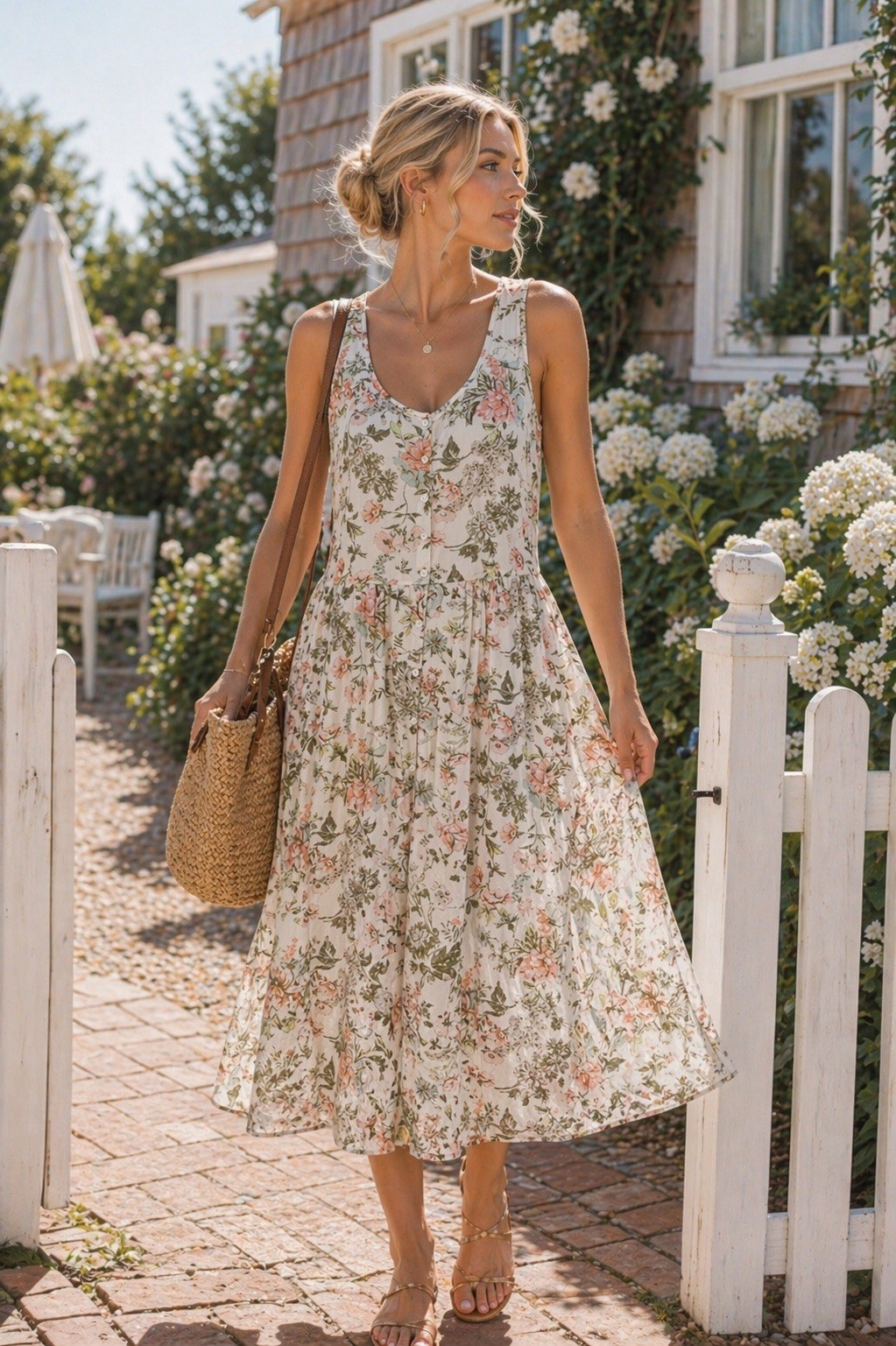 Frye Women’s Floral Button Front Midi Dress Sleeveless Ivory Peach Sage L