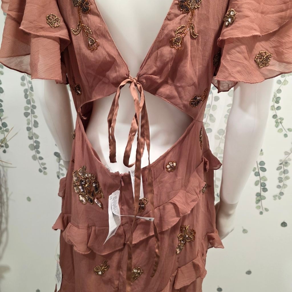 ASOS Design Beaded Ruffle Mini Dress Dusty Rose US 12 NWT