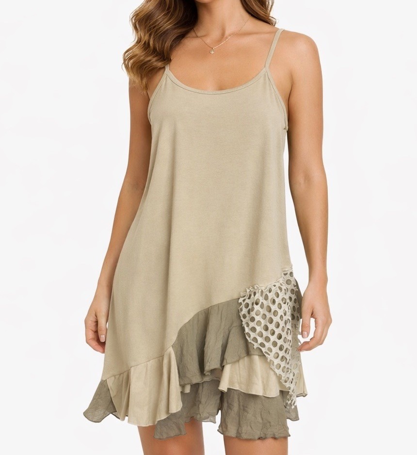Noelle Womens Boho Sundress Tank Dress Size S/M Beige Ruffle Hem Fairy Grunge
