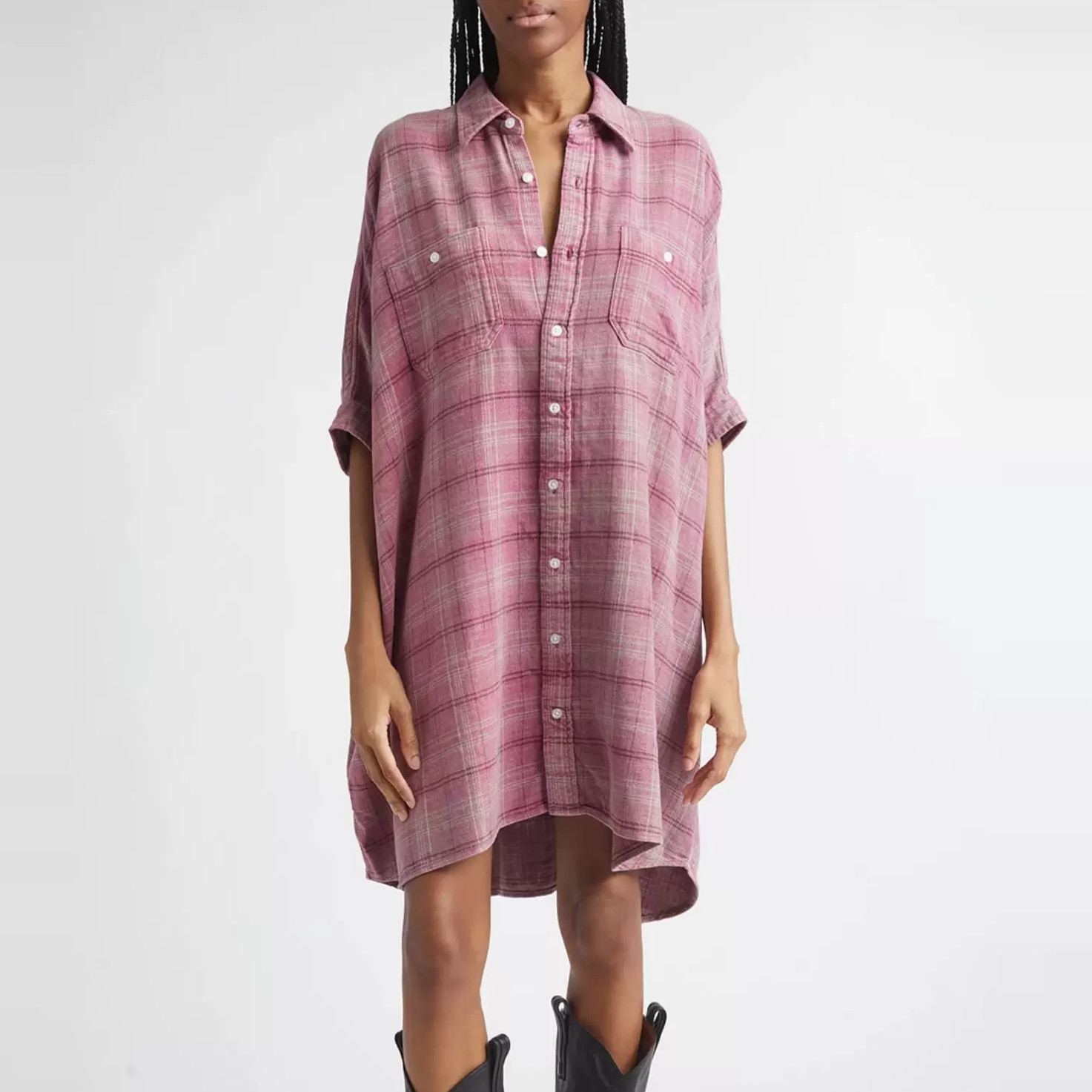 R13 Plaid Oversize Boxy Cotton Flannel Shirtdress One Size