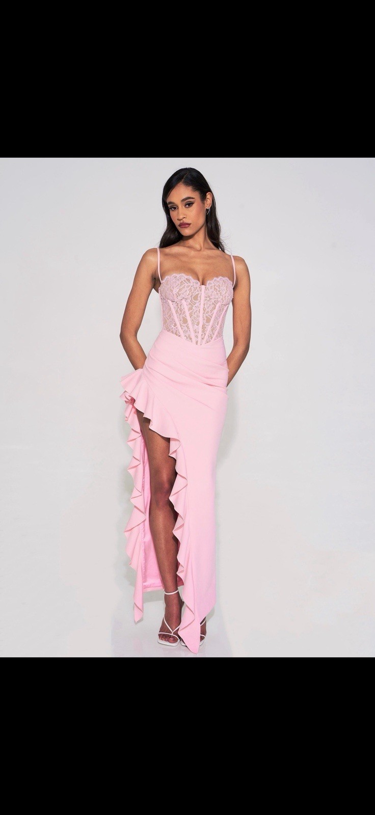 MISS CIRCLE Pink Solid Lace Corset Long Dress Side Slit Ruffle Zip M