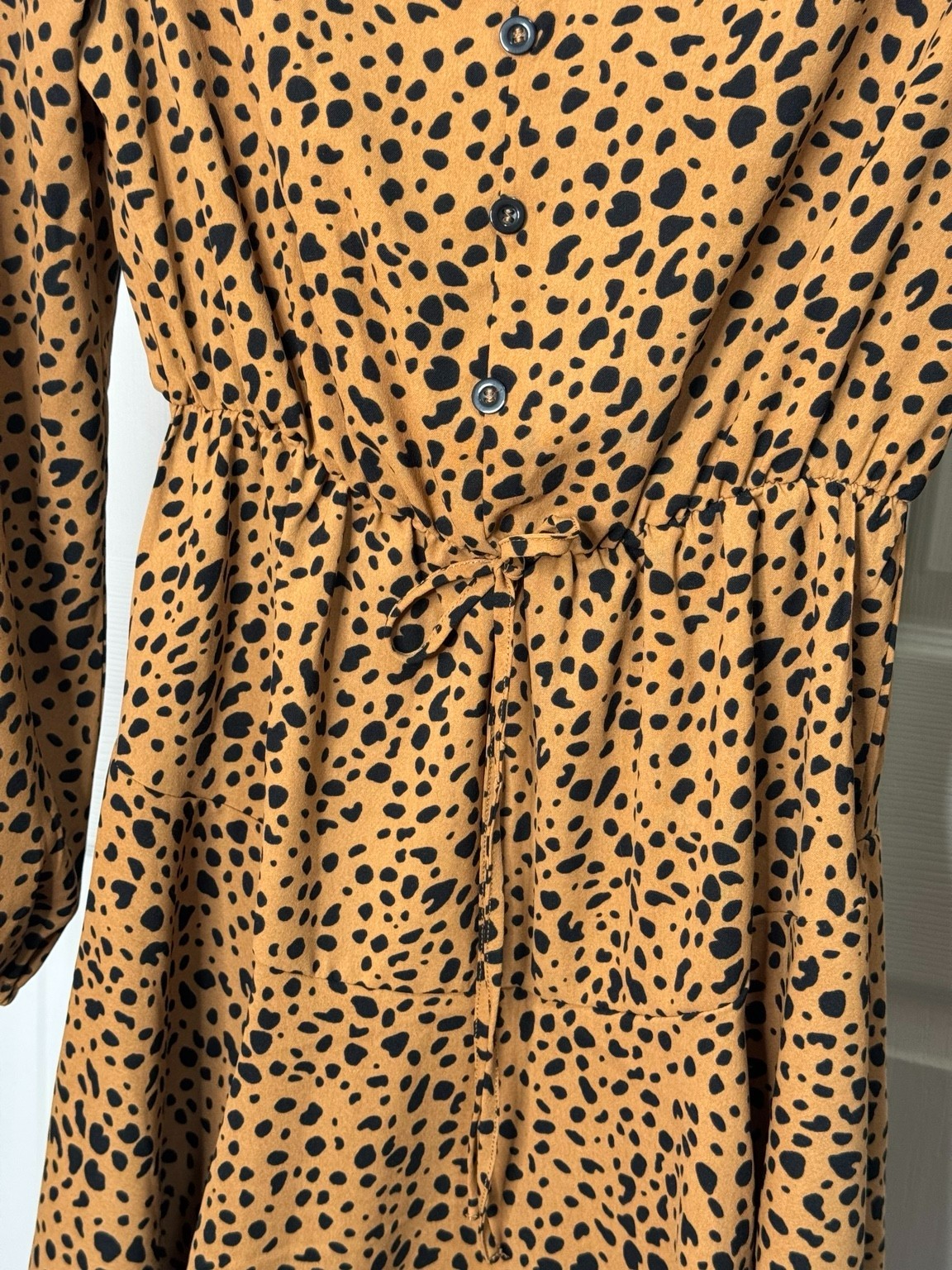 SHEIN Womens Small Leopard Print Mini Dress Long Sleeve Drawstring Waist Boho