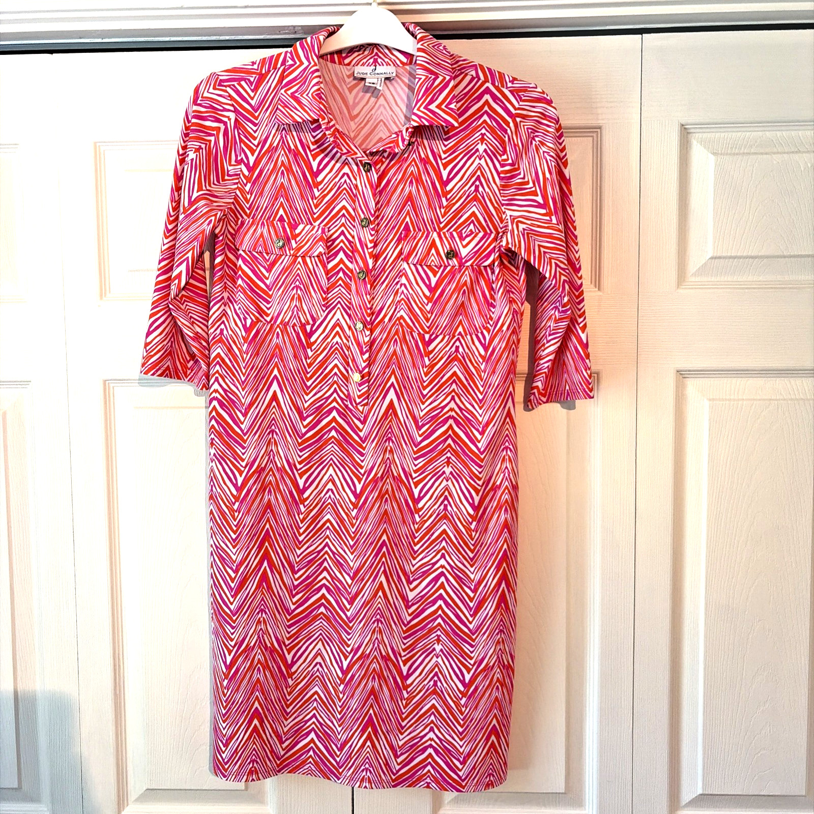 Jude Connally ShirtDress XS Pink/Orange Geometric Stretch Wrinkle Resistant USA