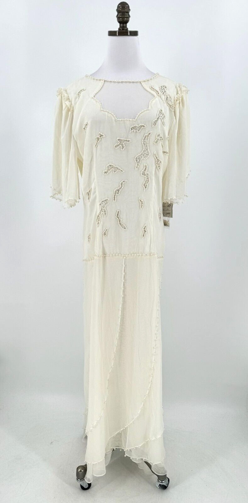 Pavé Ivory Chiffon Pearl Beaded Layered Long Evening Maxi Dress Sz 12 NEW