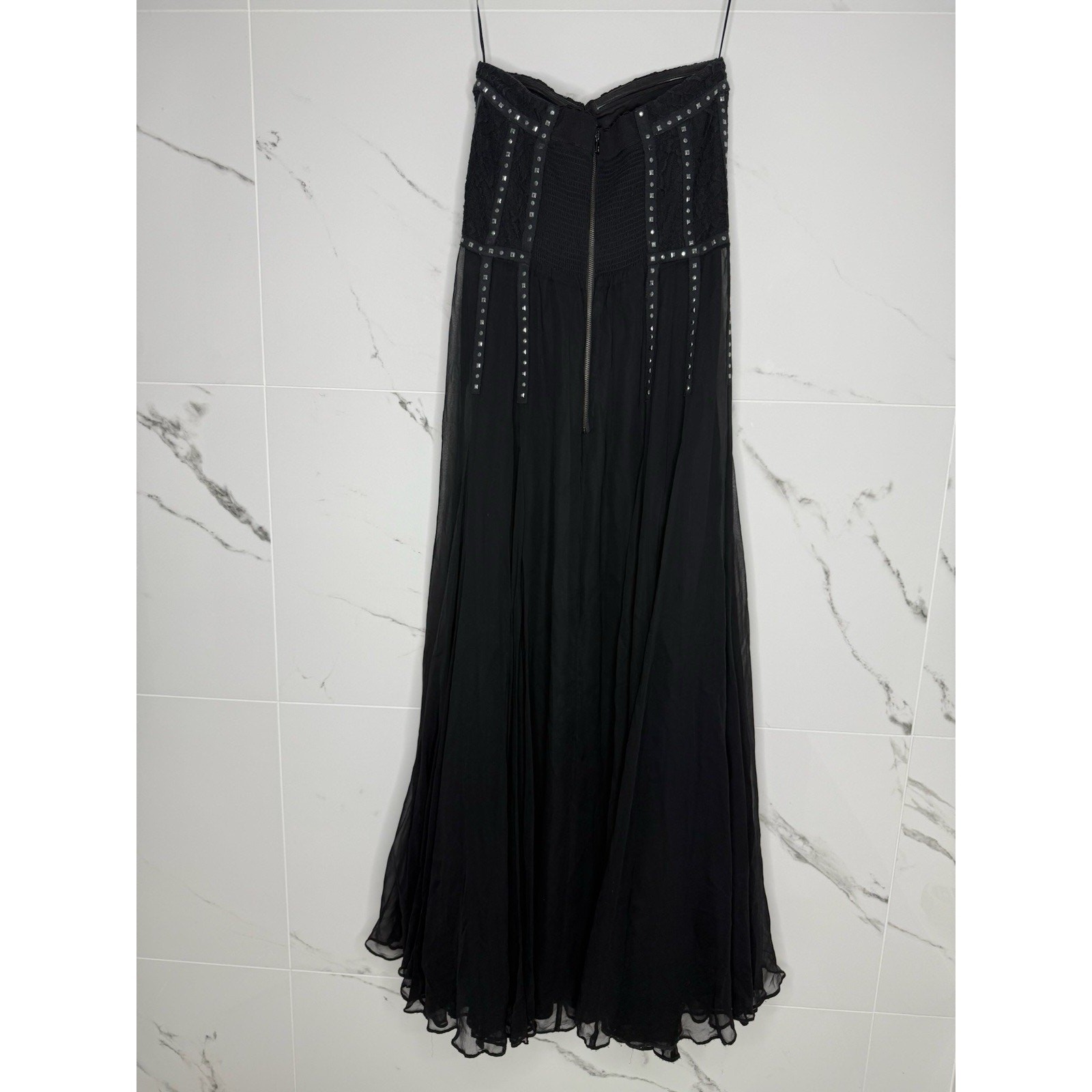 Rebeca Taylor Black chiffon Strapless Dress Studded Rhinestone Lace Bodice Sz 6