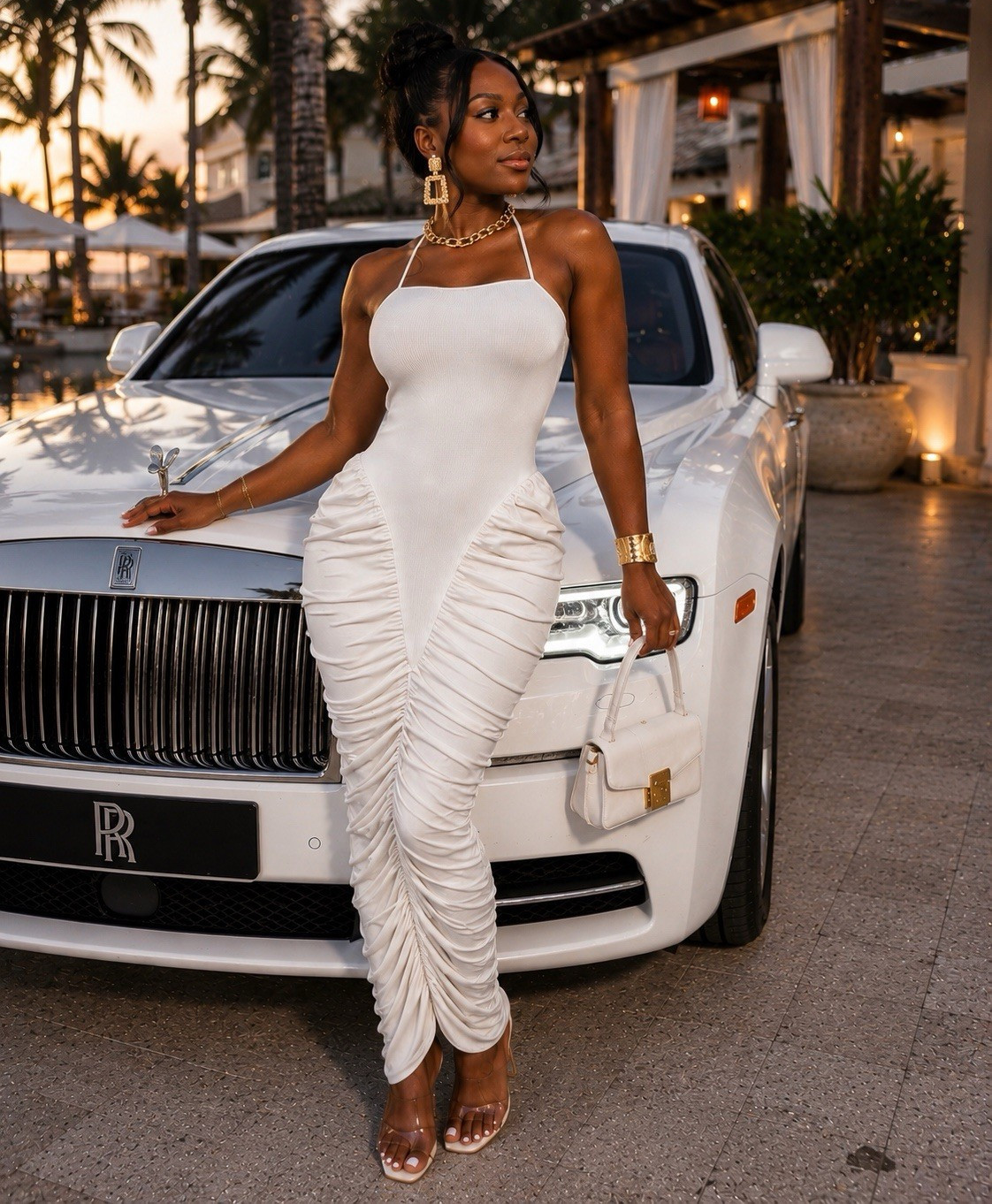 White Ruched Straight Neck Halter Sleeveless Bodycon Maxi Dress Long Solid