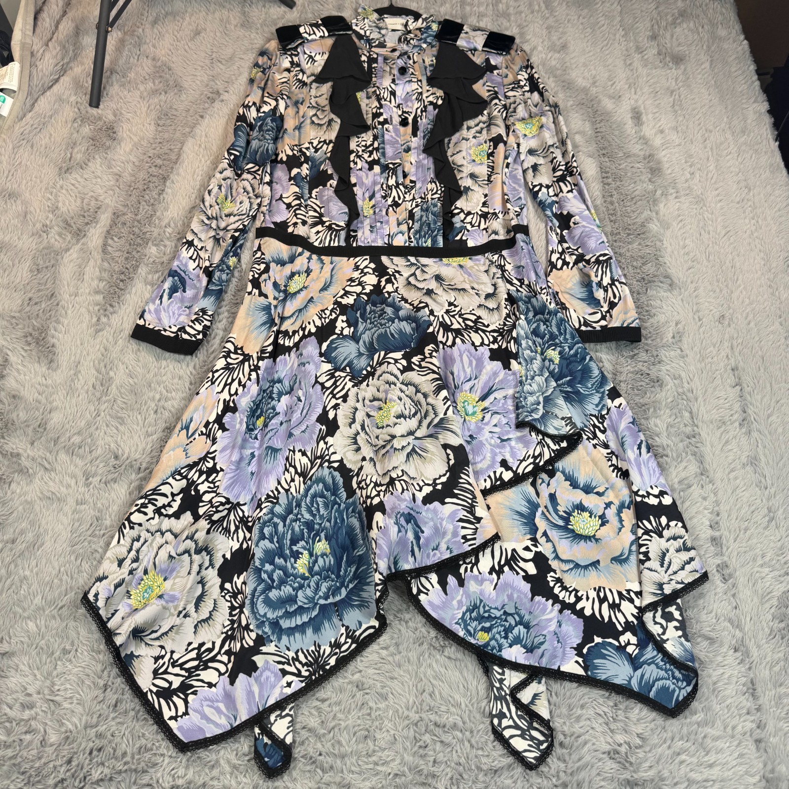 Coach x Kaffe Midi Dress Women’s 4 Purple Viscose Sheath Floral Handkerchief Hem