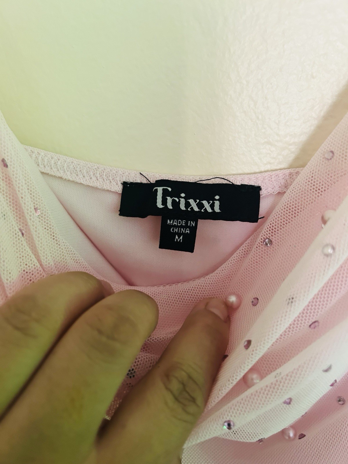 NWT Trixxi Women’s Pink Mesh Beaded Sequin Slip Dress Short Spaghetti Strap M