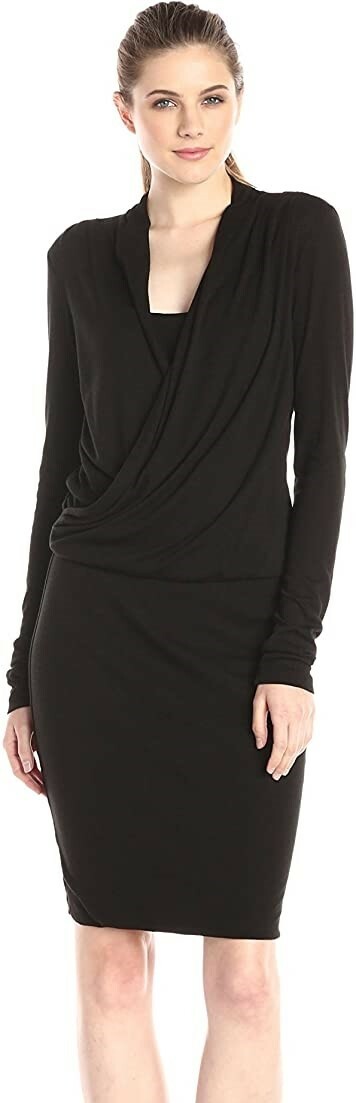 Three Dots 241257 Womens Long Sleeve Wrap Front Dress Solid Black Size Small