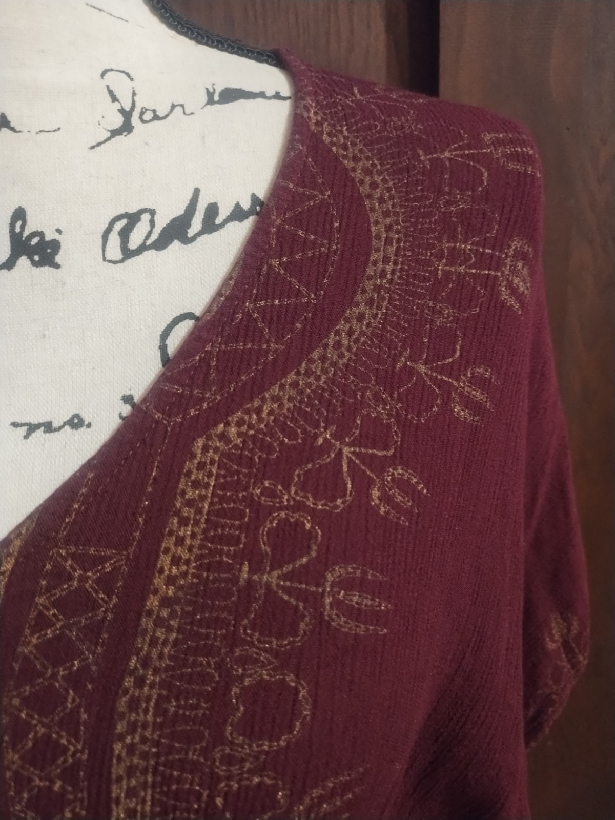 Earthbound Gauze Boho Dress Size Large Empire Waist Burgundy Granola Tribal