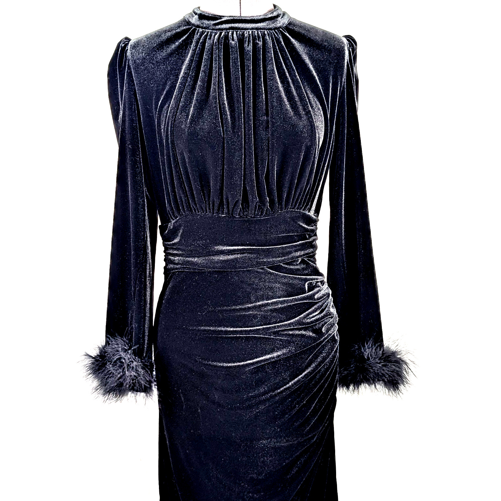 90s Goth Black Velour Maxi Dress Small S Feather Cuff High Neck Puffy Sleeve Vtg