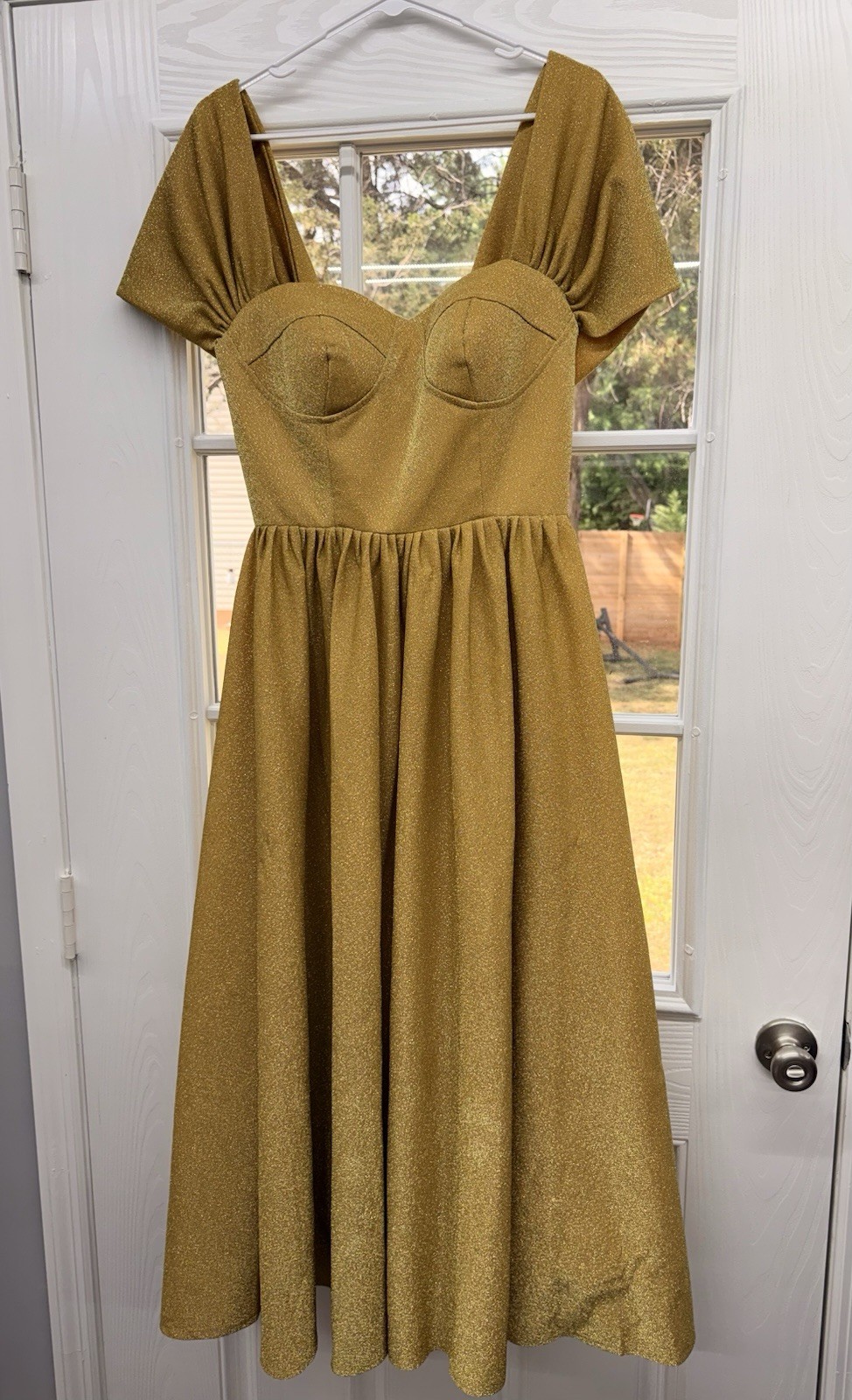 Gold Colored, Shimmer-Fabric Midi Dress With Ruched Sleeves