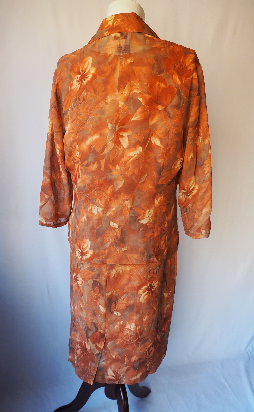 Tess Dress 100% Silk Two Piece Set Lined Chiffon Topper Floral Burnt Orange 10