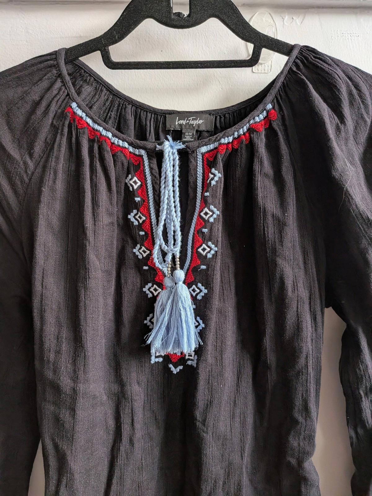 Lord & Taylor Dress Womens Medium Black Embroidered Boho Shift Peasant