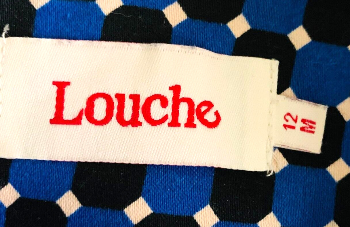 {LOUCHE} Dress Tea Flare Blue Black Beige Pattern Cotton Stretch Zip Summer ~12