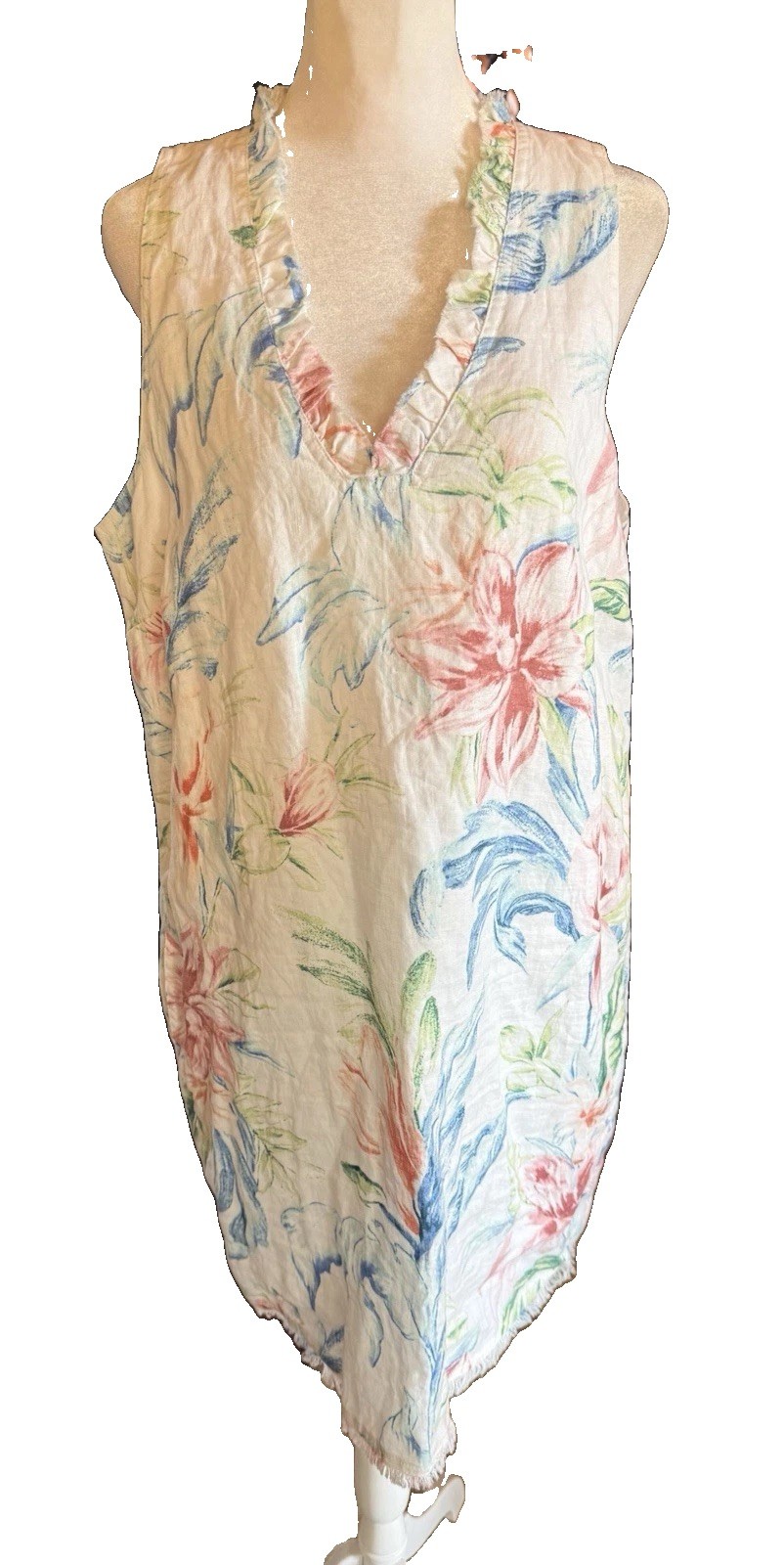 Tommy Bahama Tropical Retreat Floral Linen Shift Dress Shift Raw Edge V Neck L