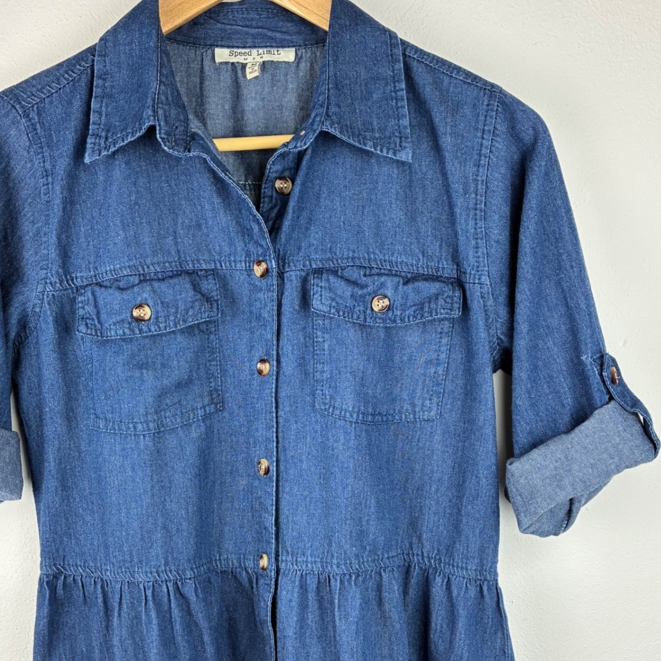 Speed Limit Medium Chambray Tiered Shirt Dress Blue 100% Cotton Roll Tab Sleeve