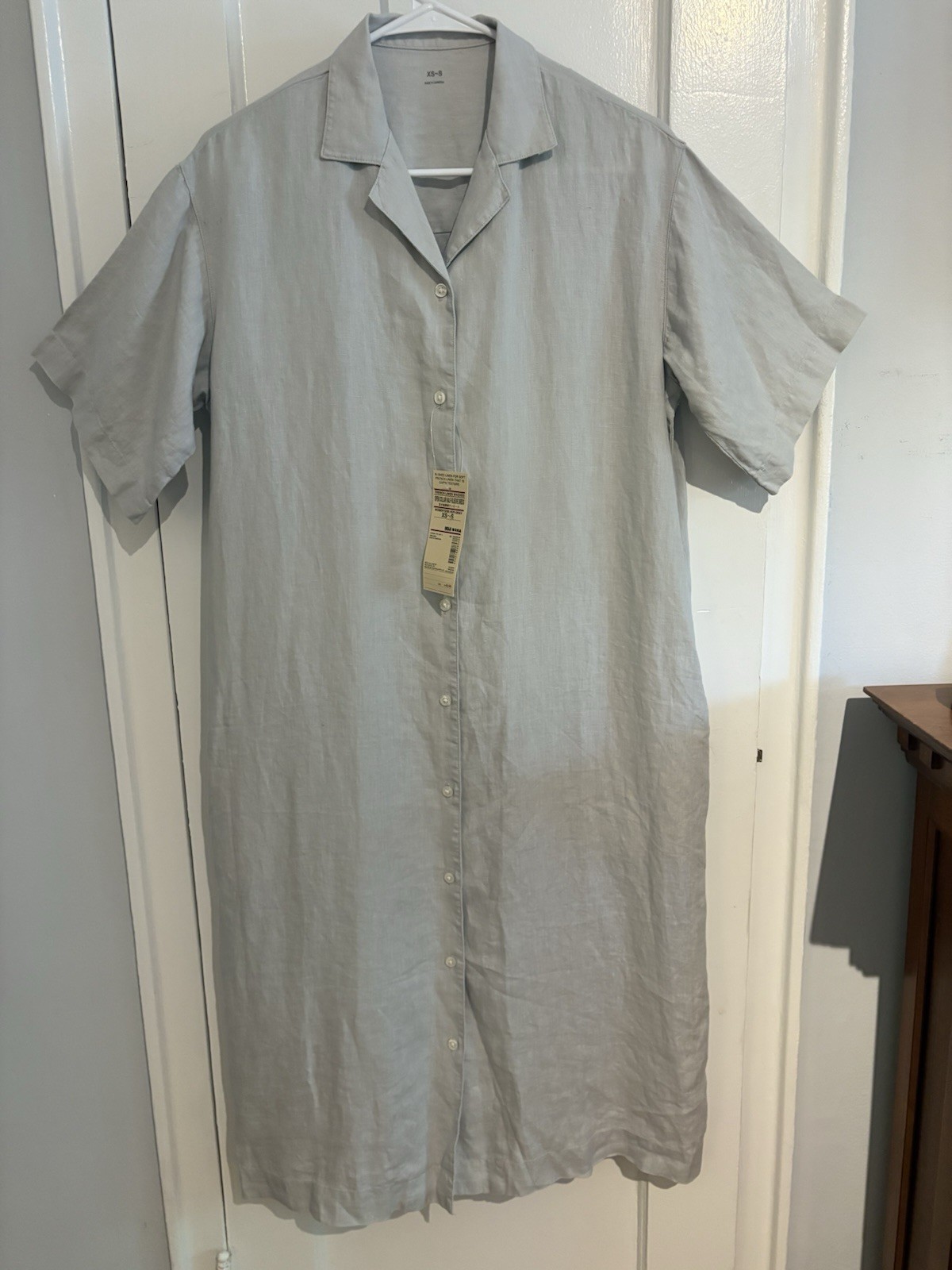 Muji Shirt Dress 100% Linen Sz S Pockets Oversized Lagenlook Silver Gray NWT
