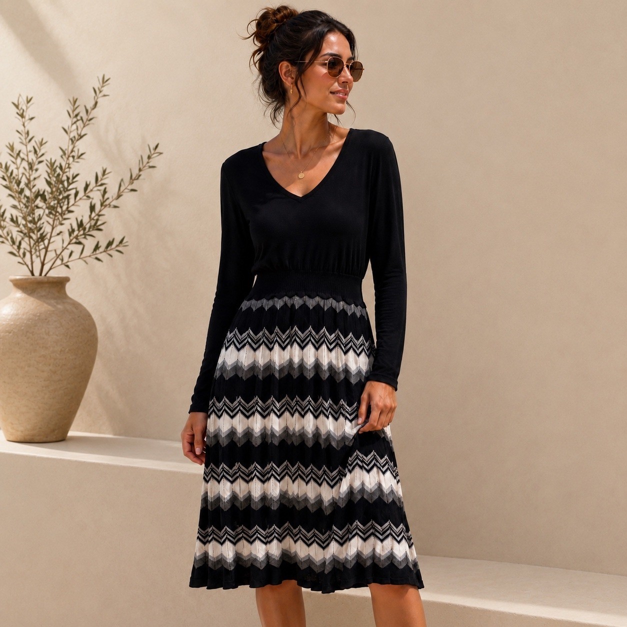 Appraisal Black Chevron Pleated Knit Sweater Dress Gray White 3/4 Sleeve L Fall