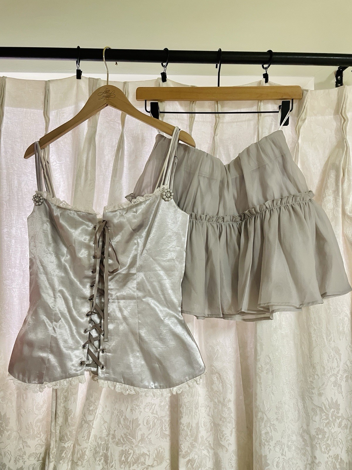 Romance of Girl Silver Gray Satin Chiffon Corset Lace-Up Mini Dress Skirt Set