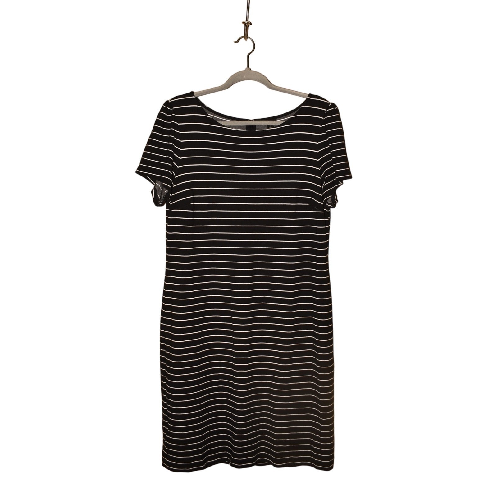 ANN TAYLOR $128 Stripe Puff Sleeve Ponte Knit Sheath Dress Black White Size 12