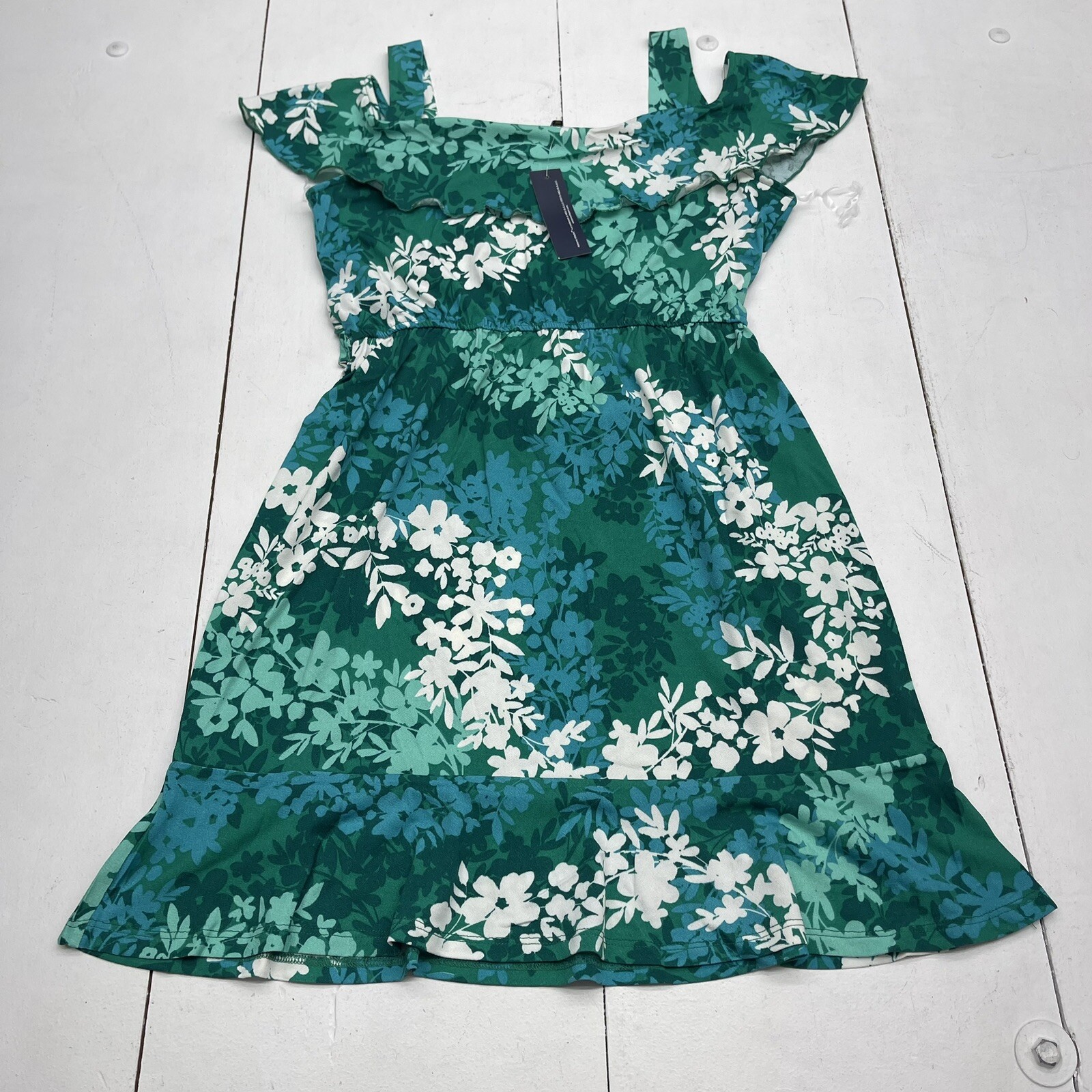 Adrienne Vittadini Green Floral Cold Shoulder Tie Waist Dress Women’s Small New