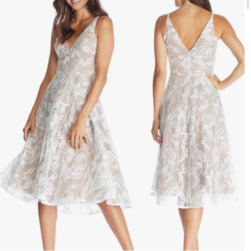 Dress The Population Elisa Vine Embroidered Lace Fit & Flare Dress White Large