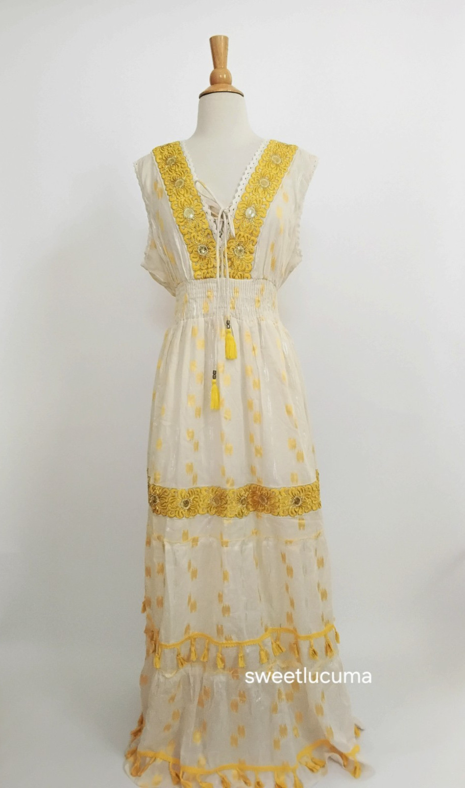 NWT Me 2 Magic Anthropologie Maxi Dress 1X Cream Yellow Gold Embroidered Boho