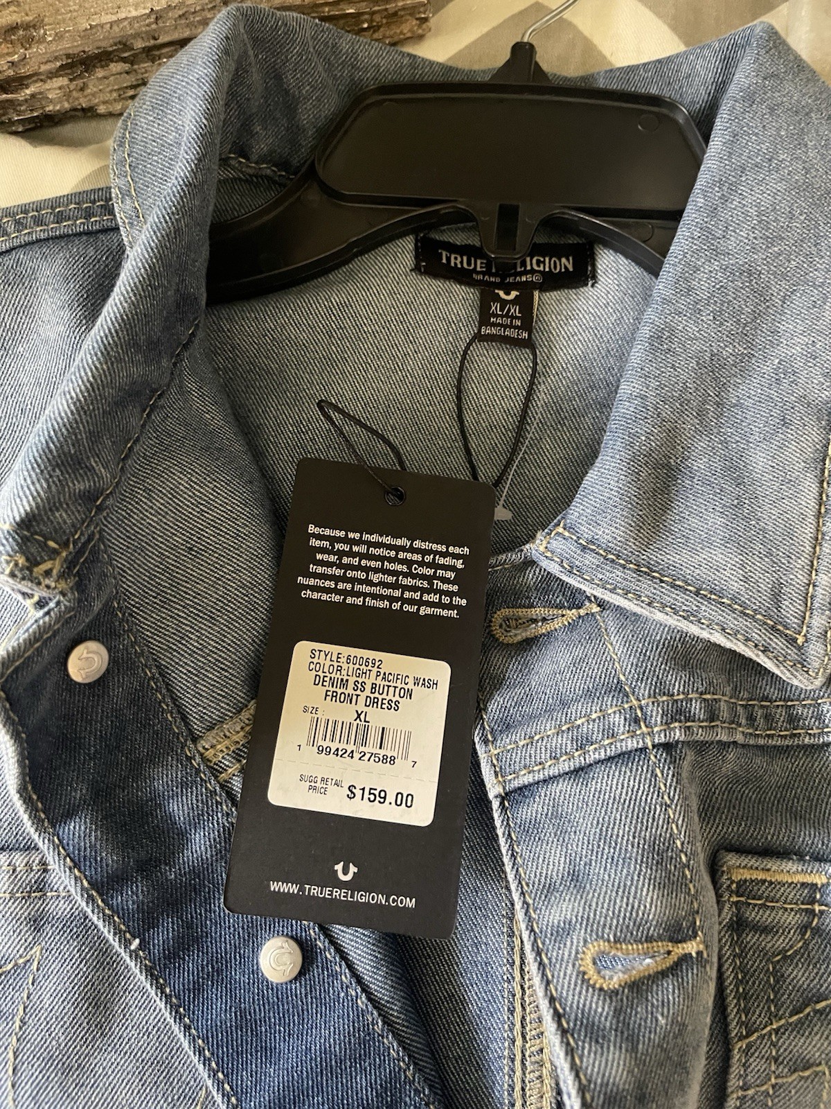 TRUE RELIGION Denim Button Front Mini Dress Light Wash Women Ladies XL $159