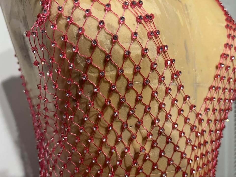 Pink Rhinestone Fishnet Maxi Dress