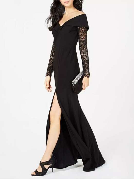 Xscape Evening Gown Off The Shoulder Sheer Lace Sleeves Front Slit Black Size 8