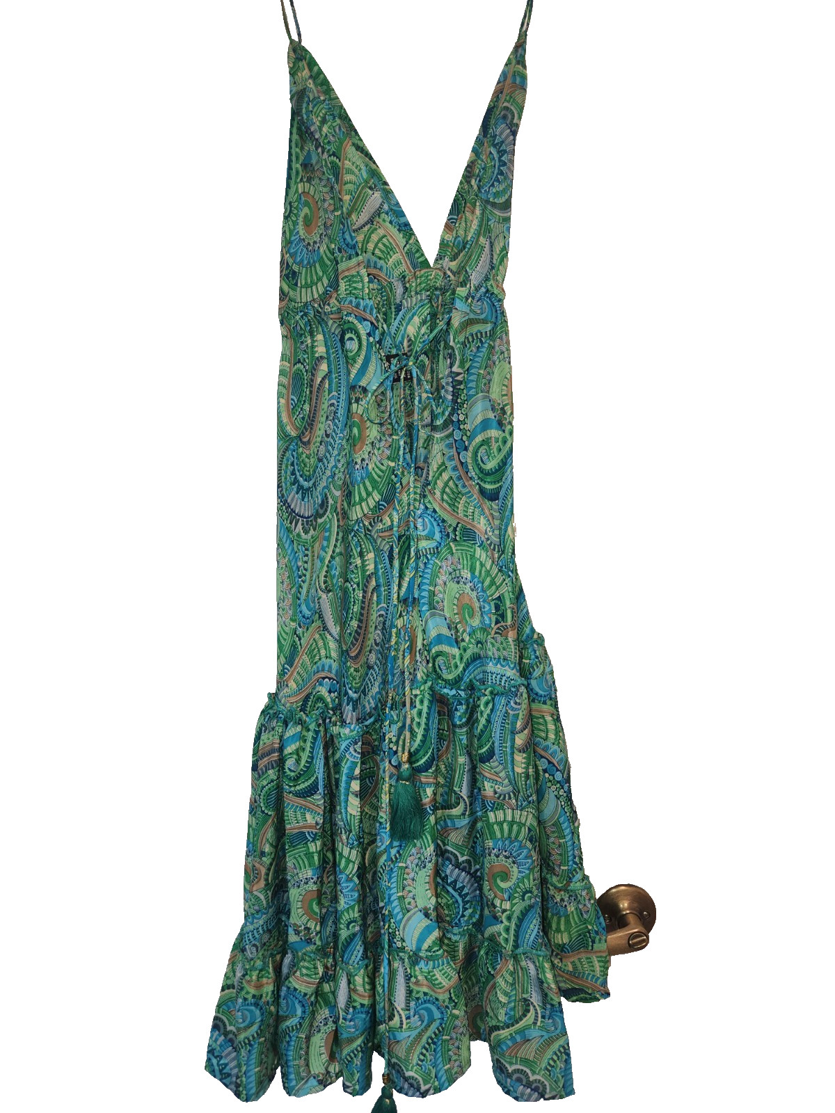 Green blue paisley string strap sun dress boho indie resort vacation